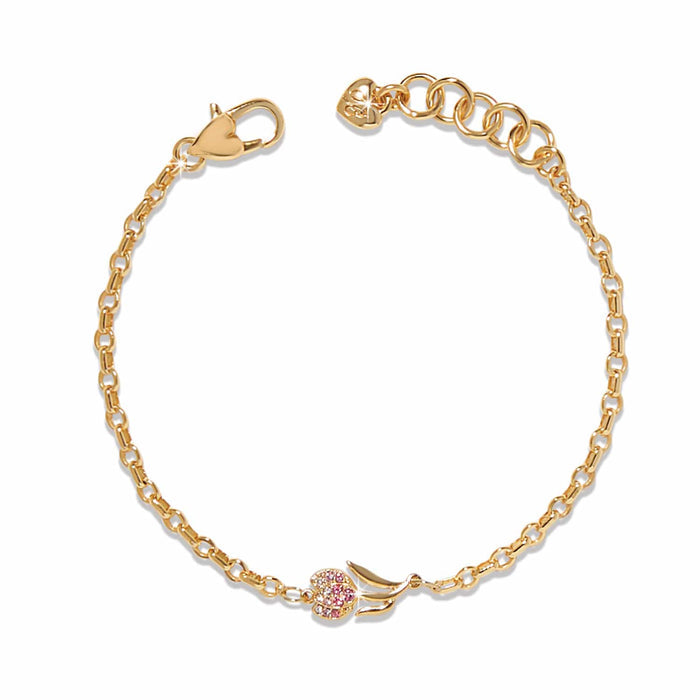 Brighton gold-plated chain bracelet with crystal heart charm, lobster clasp, and adjustable extender on a white background