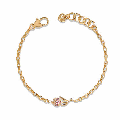 Brighton gold-plated chain bracelet with crystal heart charm, lobster clasp, and adjustable extender on a white background