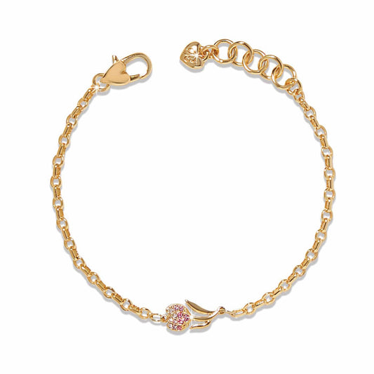Brighton gold-plated chain bracelet with crystal heart charm, lobster clasp, and adjustable extender on a white background
