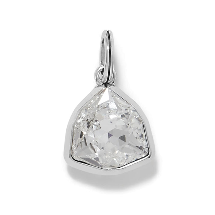Brighton crystal charm with faceted shield-shaped stone in silver-plated bezel setting and split ring on a white background