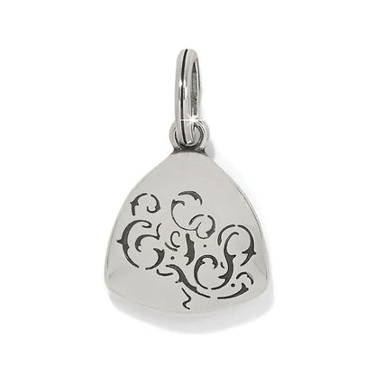 Brighton charm pendant with silver-plated triangular shape and engraved black scroll design on a white background