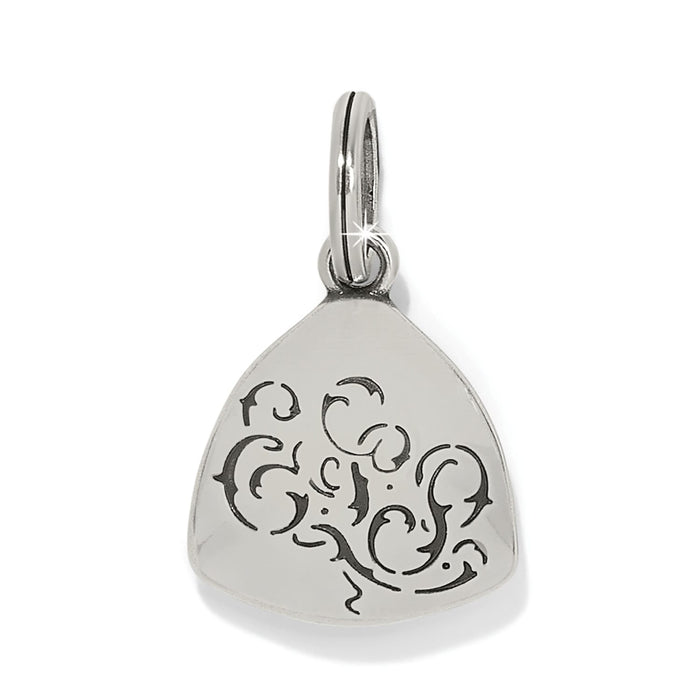 Brighton charm with silver-plated finish and engraved black scroll design on a rounded triangular shape on a white background