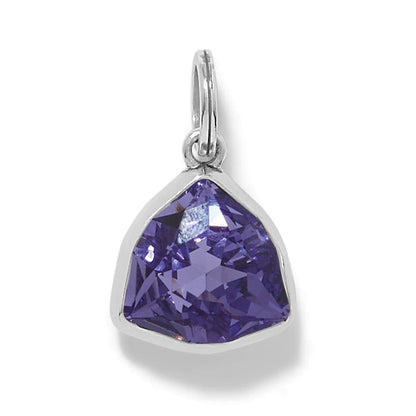 Brighton charm pendant with faceted purple crystal in silver-plated triangular setting on a white background
