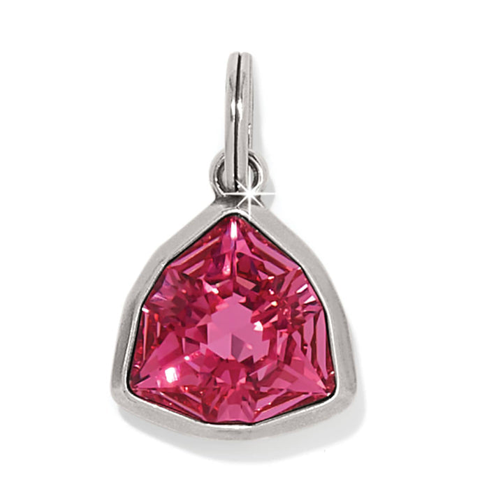 Brighton charm pendant with pink faceted crystal in silver-plated triangular bezel setting on a white background