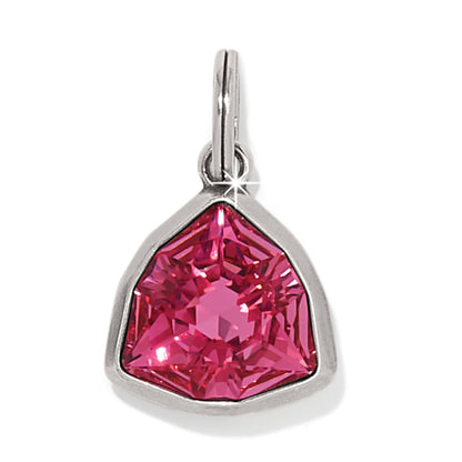 Brighton charm pendant with pink faceted crystal in silver-plated triangular bezel setting on a white background