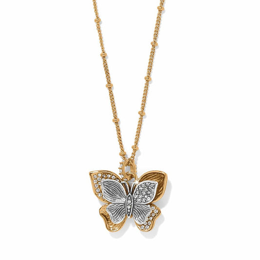Brighton pendant necklace with two-tone butterfly featuring crystal accents and beaded gold-tone chain on a white background