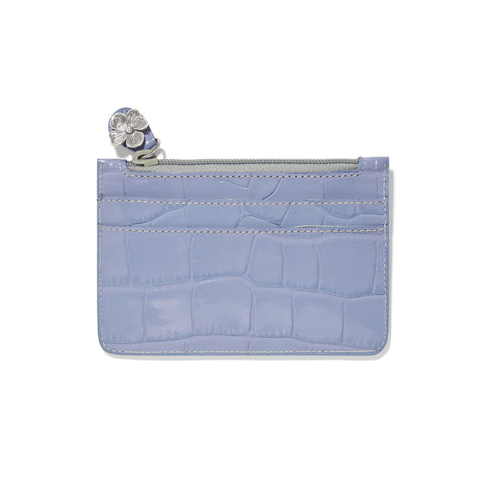 Brighton card case in lavender croc-embossed leather with silver-tone flower zipper pull on a white background