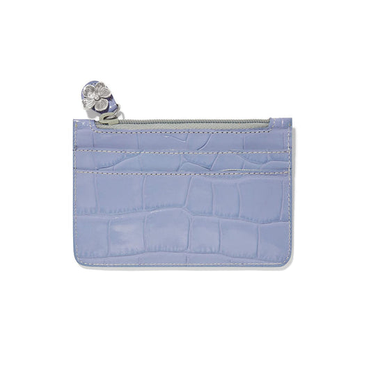 Brighton card case in lavender croc-embossed leather with silver-tone flower zipper pull on a white background