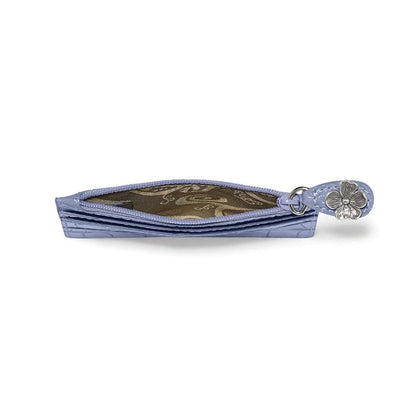 Brighton wristlet pouch shown from the side with lavender croc-embossed finish, zipper closure, and silver-tone floral charm on a white background