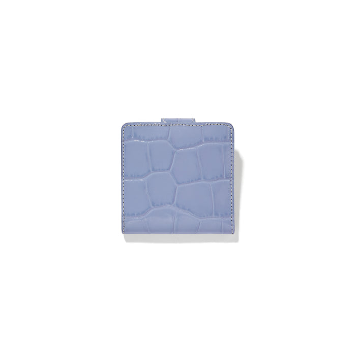 Brighton bifold wallet in periwinkle blue croc-embossed leather with contrast stitching shown closed on a white background
