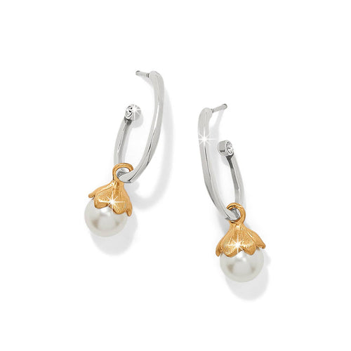 Brighton hoop earrings with two-tone glass pearl drops, gold floral caps, and crystal accents on a white background
