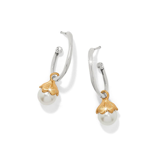 Brighton hoop earrings with two-tone glass pearl drops, gold floral caps, and crystal accents on a white background