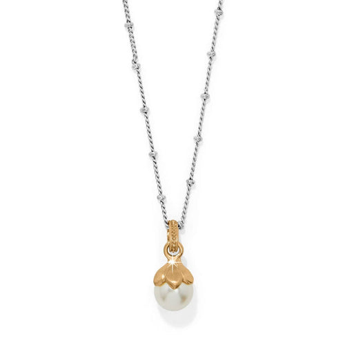 Brighton pendant necklace with fine quality glass pearl, gold plated cap, and silver-tone beaded chain on a white background