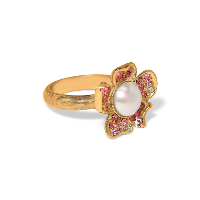 Brighton gold-plated floral ring with glass pearl cabochon center and pink crystal petal accents on a white background
