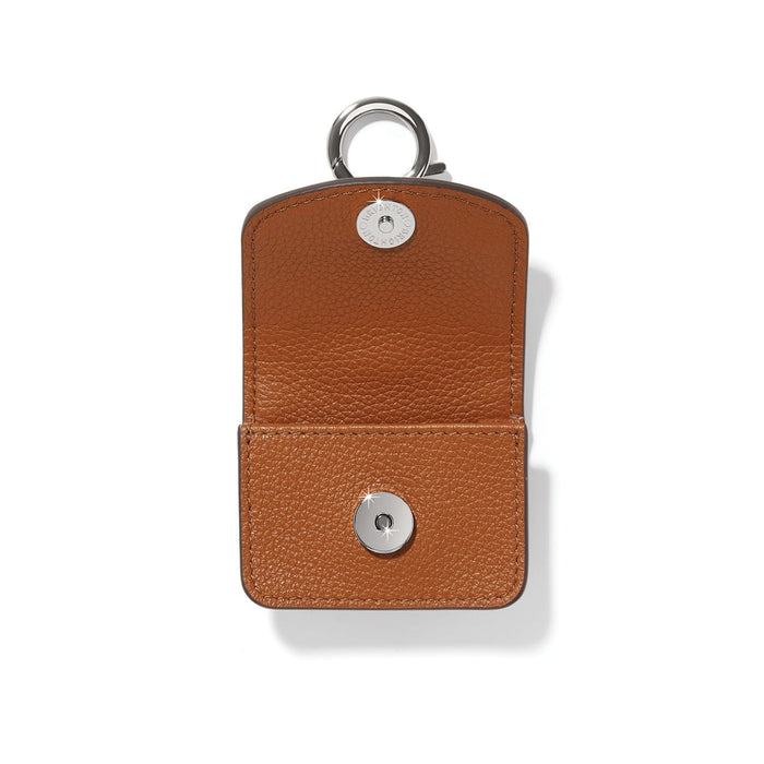 Brighton brown leather key fob pouch shown open with silver-tone snap closure and clip ring on a white background
