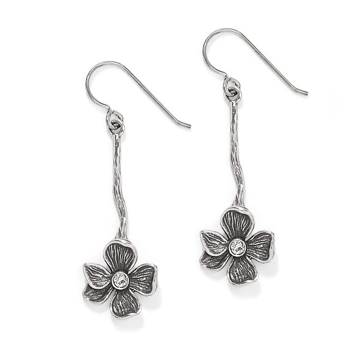 Brighton drop earrings with silver-plated flower charms, crystal centers, and textured stems on a white background