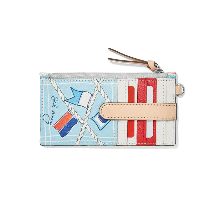 Brighton card case with light blue nautical flag print, red and white card slots, and zip closure on a white background
