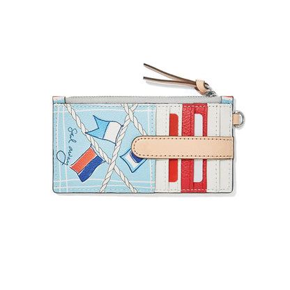 Brighton card case with light blue nautical flag print, red and white card slots, and zip closure on a white background