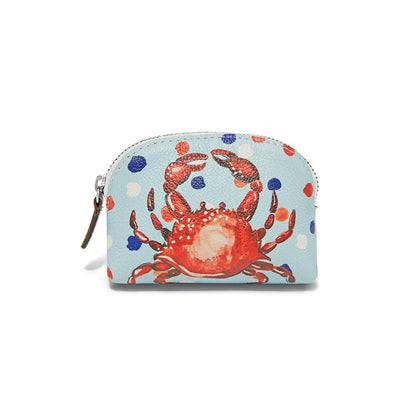 Brighton pouch with light blue crab print and red, blue, and white polka dots on a white background
