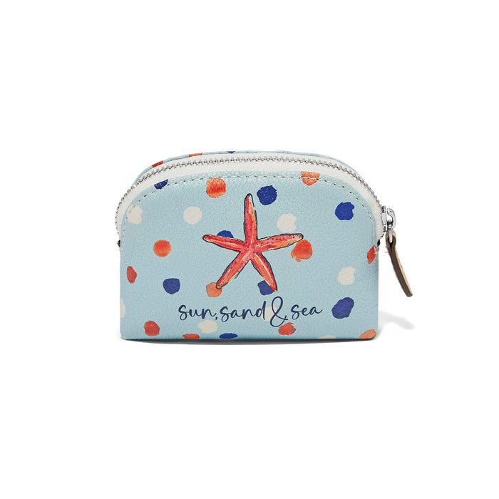 Brighton coin pouch in light blue with starfish print, polka dots, and 'sun, sand and sea' text on a white background