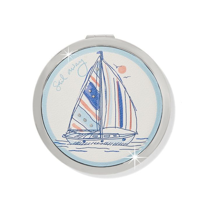 Brighton round compact mirror with illustrated sailboat print, sail away script, and silver-tone frame on a white background