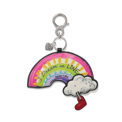 Brighton rainbow leather bag charm with I Dream in Love print, cloud, and red heart on a white background