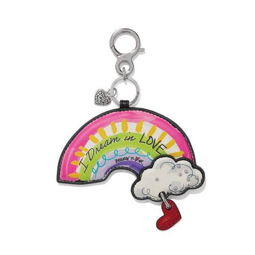 Brighton rainbow leather bag charm with I Dream in Love print, cloud, and red heart on a white background