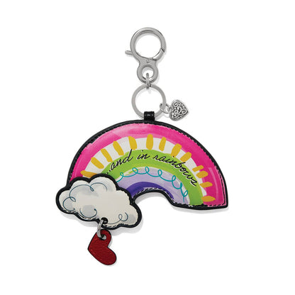 Brighton leather bag charm keychain with colorful rainbow print, cloud, red heart, and silver-tone clasp on a white background