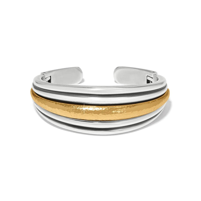 Brighton cuff bracelet with two-tone silver and hammered gold center band design on a white background