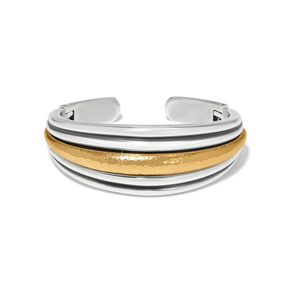 Brighton cuff bracelet with two-tone silver and hammered gold center band design on a white background