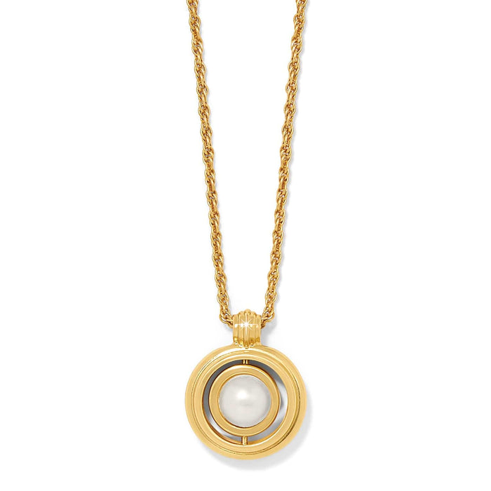 Brighton pendant necklace with gold-plated double circle frame and glass pearl center on a white background