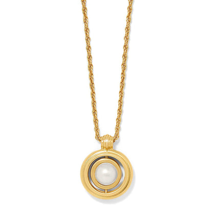 Brighton pendant necklace with gold-plated double circle frame and glass pearl center on a white background