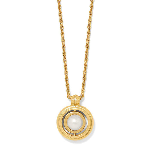 Brighton pendant necklace with gold-plated double circle frame and glass pearl center on a white background