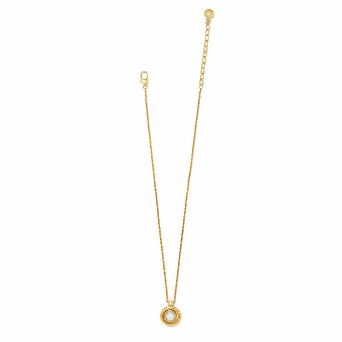 Brighton pendant necklace with gold-plated rope chain and circular pearl pendant on a white background