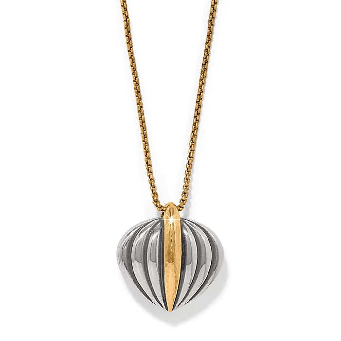 Brighton pendant necklace with two-tone ribbed silver heart-shaped pendant and gold-tone box chain on a white background