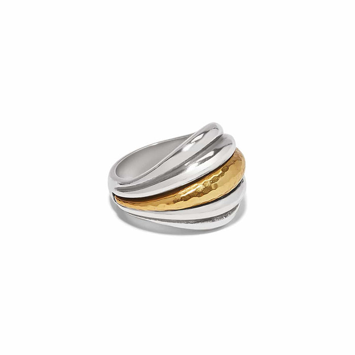 Brighton ring with two-tone silver and hammered gold layered bands in a curved design on a white background