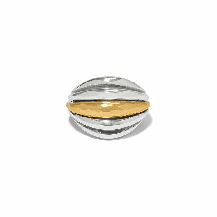 Brighton ring with two-tone domed design featuring silver-tone bands and hammered gold-tone center on a white background
