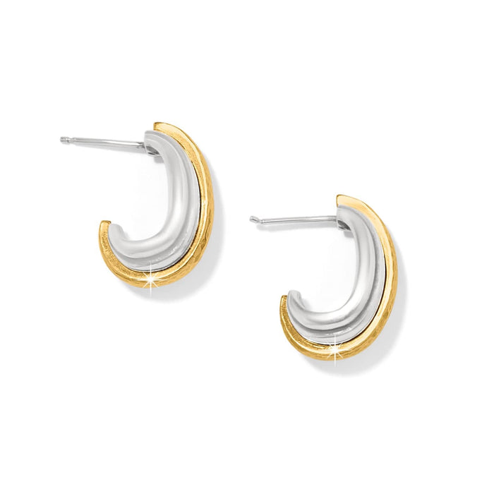Brighton hoop earrings with two-tone silver and gold finish in a layered curved design on a white background