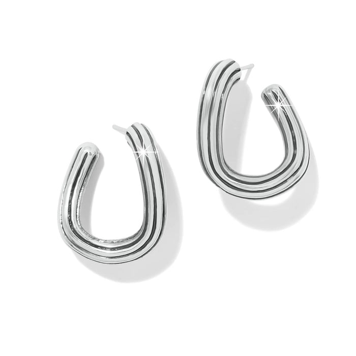 Brighton hoop earrings with silver-plated curved U-shape design and grooved ridge detail on a white background