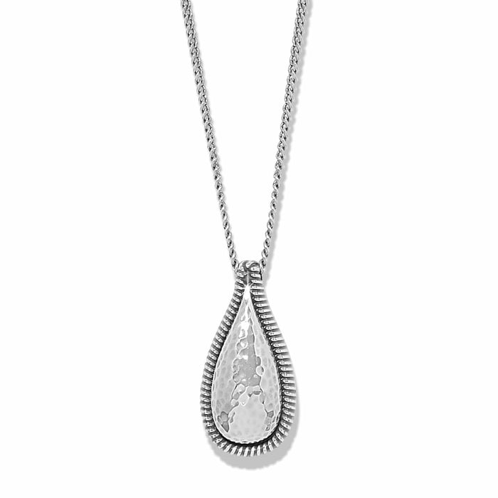 Brighton teardrop pendant necklace with hammered silver-plated center and ribbed rope-style border on a white background