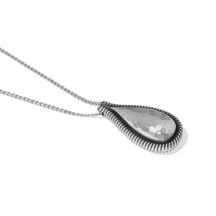 Brighton pendant necklace with hammered silver-plated teardrop and rope-textured border on delicate chain on a white background