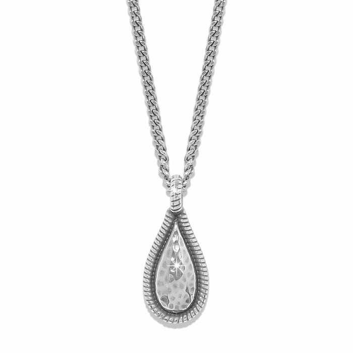 Brighton pendant necklace with silver-plated hammered teardrop and rope-edge frame on a white background