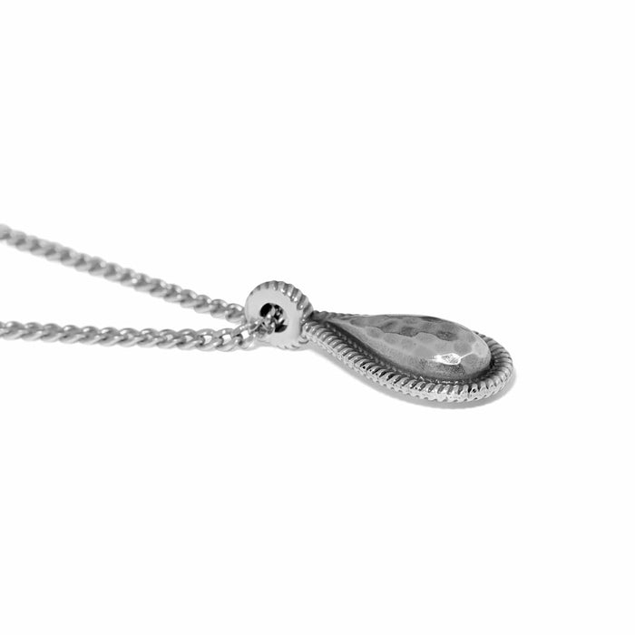 Brighton pendant necklace with hammered silver-plated teardrop and rope-edge border on curb chain on a white background