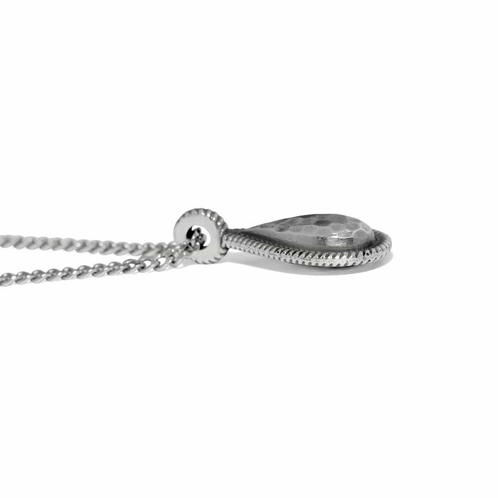 Close-up of Brighton teardrop pendant necklace with hammered silver-plated finish, rope-edge border, and curb chain