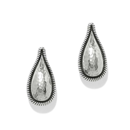 Brighton teardrop stud earrings with hammered silver-plated centers and rope-textured borders on a white background