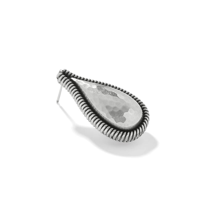 Brighton teardrop stud earring with hammered silver-plated center and rope-textured border on a white background