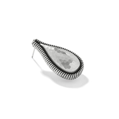 Brighton teardrop stud earring with hammered silver-plated center and rope-textured border on a white background