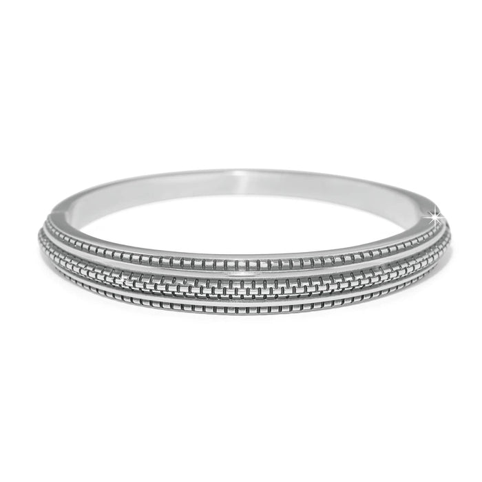 Brighton bangle bracelet with silver-plated finish and ridged textured band detailing on a white background