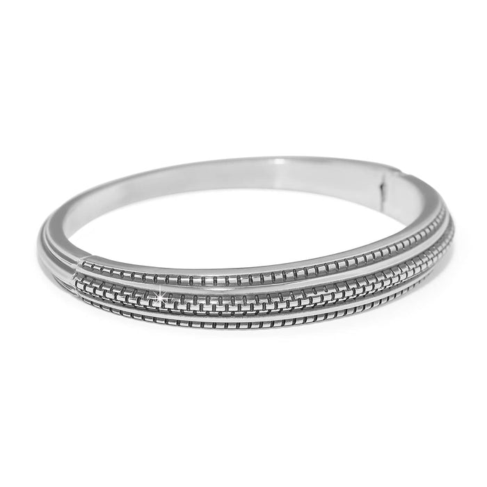 Brighton bangle bracelet with silver-plated finish and ridged textured center band detail on a white background