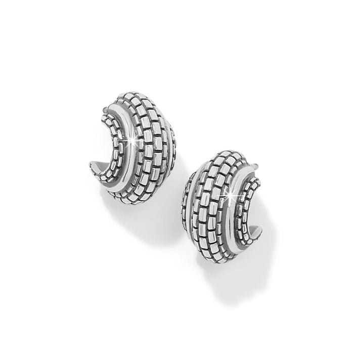 Brighton hoop earrings with textured silver-plated basketweave design in a double-row curved shape on a white background